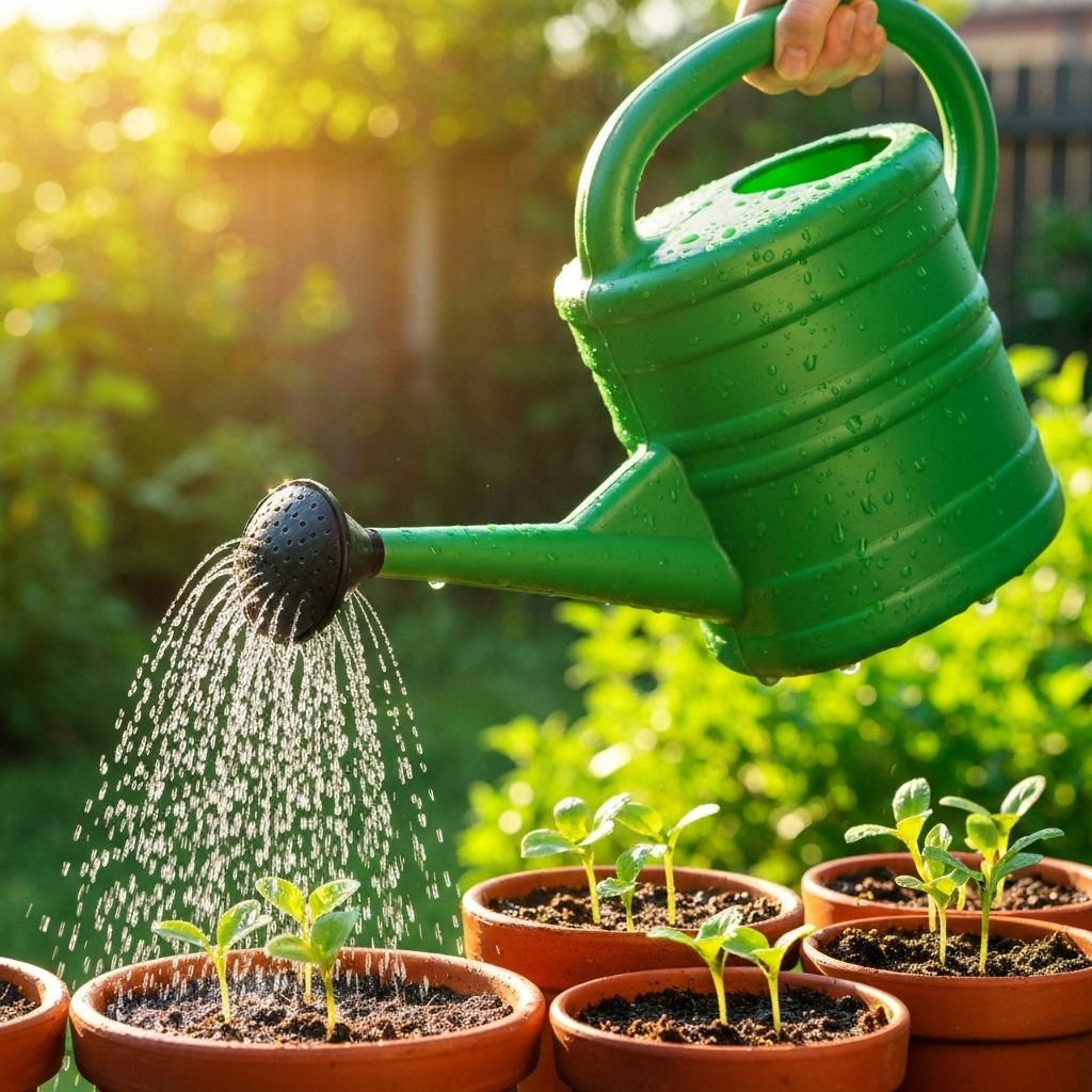 Regador molhando mudas pequenas em vasos no quintal