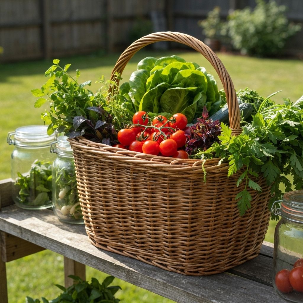 Cesta pequena com verduras frescas no quintal