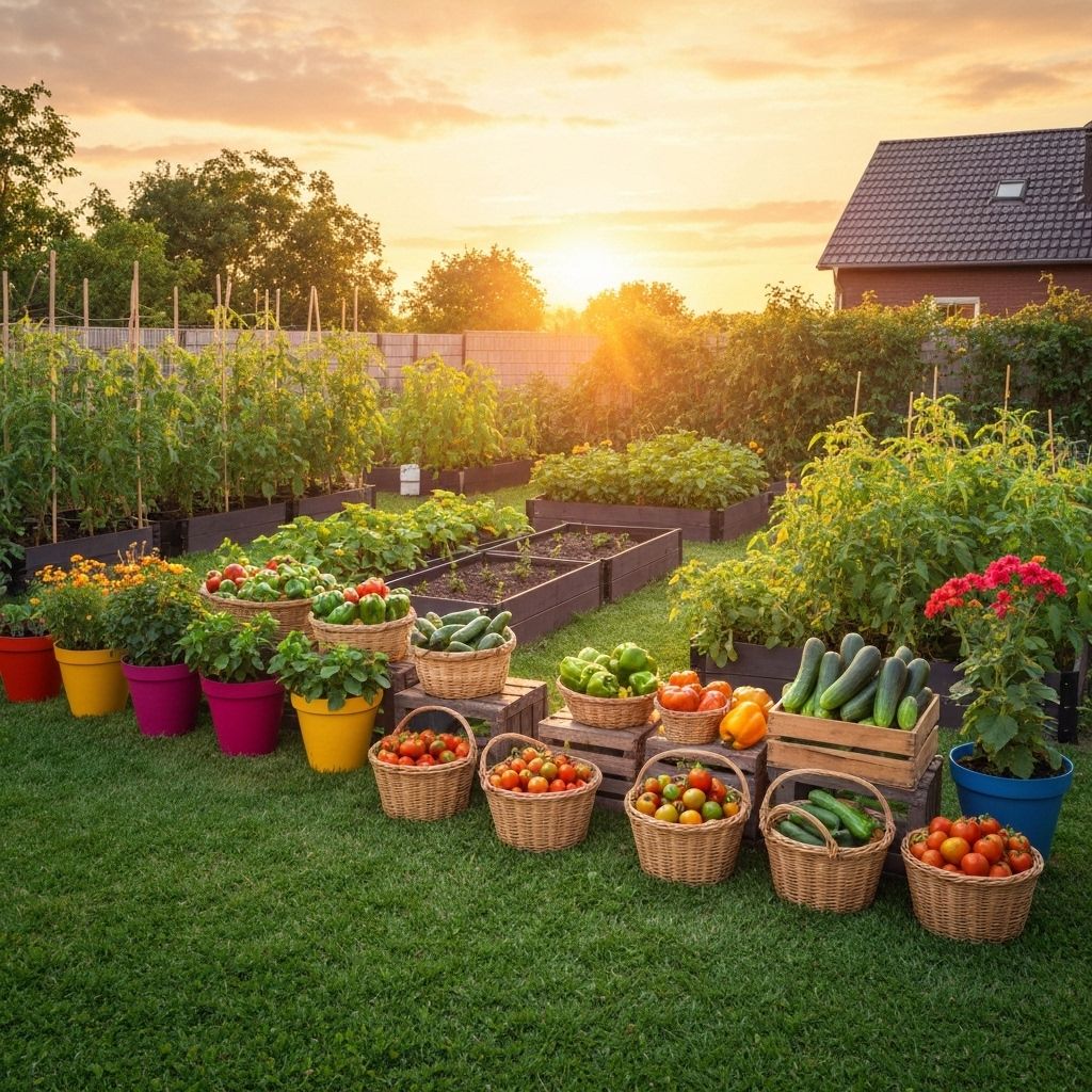 Quintal produtivo com vários vasos e canteiros organizados
