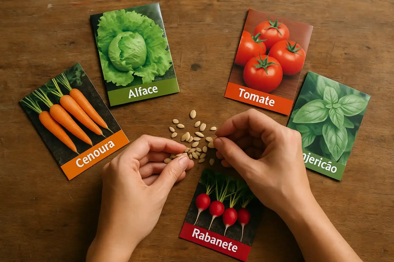 Mãos escolhendo sachês de sementes no quintal